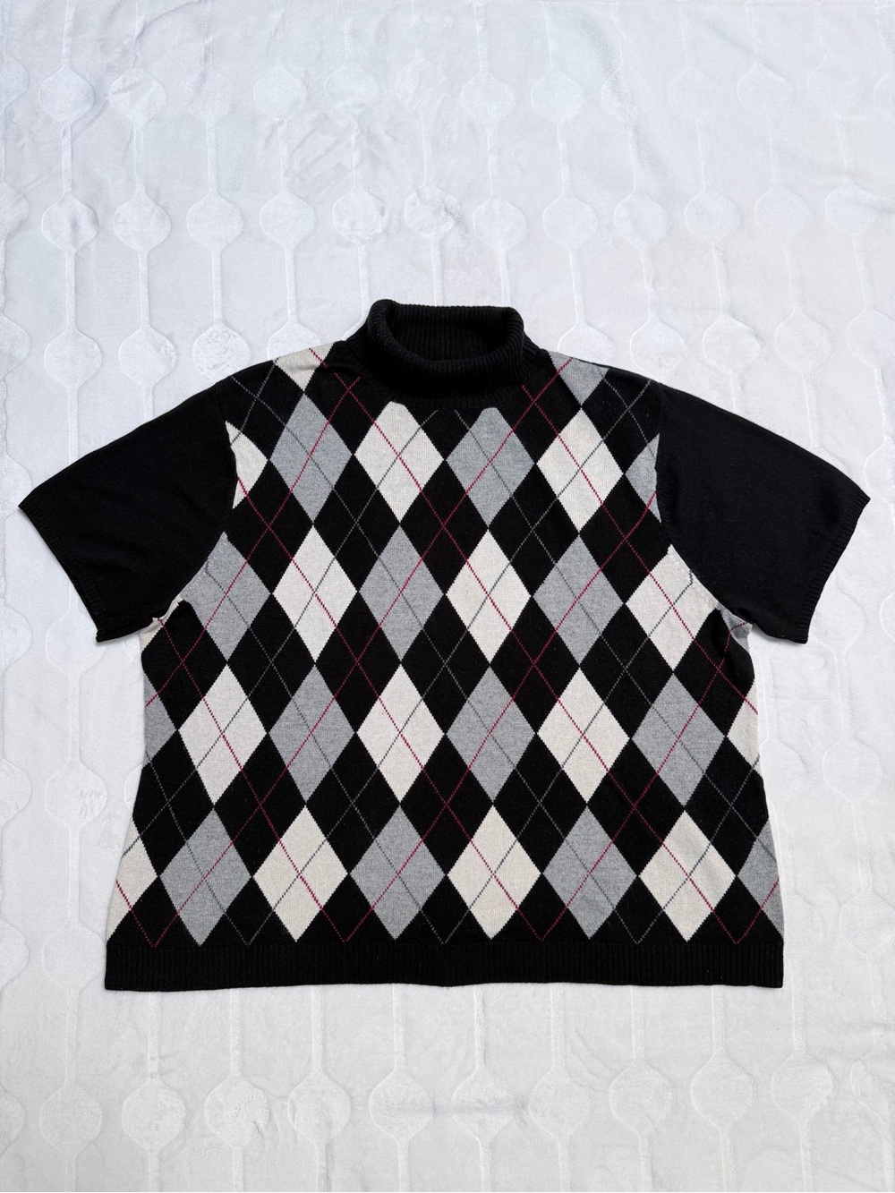 Talbots Plus Size 3X Argyle Turtleneck Sweater Black Short Sleeve Silk Cashmere